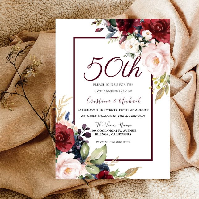 Invitation Burgundy Blush Floral 50 ans de mariage (Créateur téléchargé)