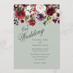 Invitation Burgundy Blush Floral Aquarelle Vert Mariage
