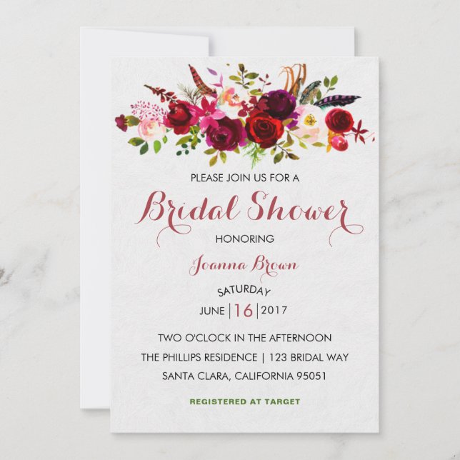Invitation Burgundy Blush Floral Bridal Douche (Devant)