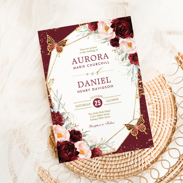 Invitation Burgundy Blush Floral Butterfly Mariage géométriqu (Créateur téléchargé)
