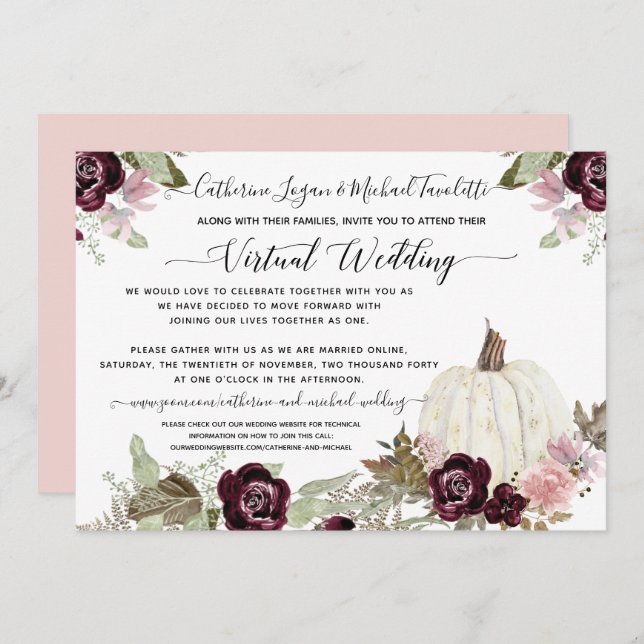 Invitation Burgundy Blush Floral Citrouille Mariage virtuel (Devant / Derrière)