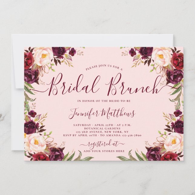 Invitation Burgundy Blush Floral Élégant Script Bridal Brunch (Devant)