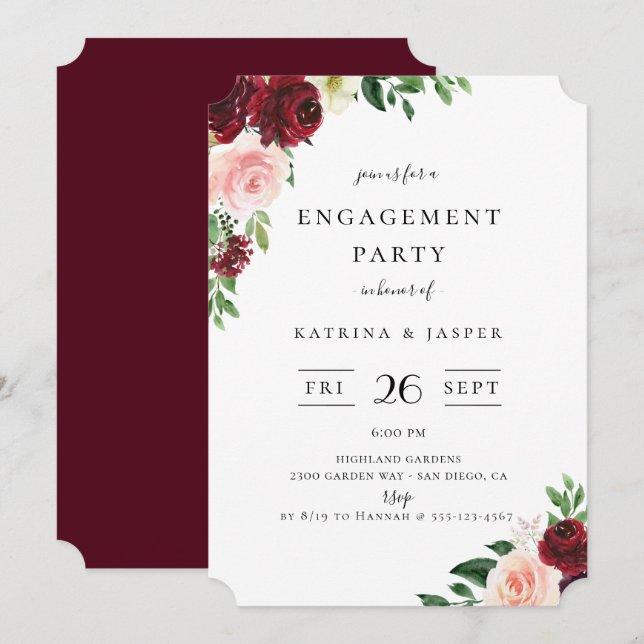 Invitation Burgundy Blush Floral Engagement Party (Devant / Derrière)