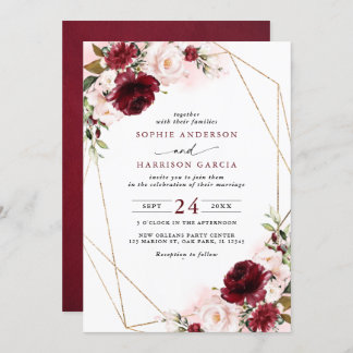 Invitation Burgundy Blush Floral Et Mariage Géométrique Or