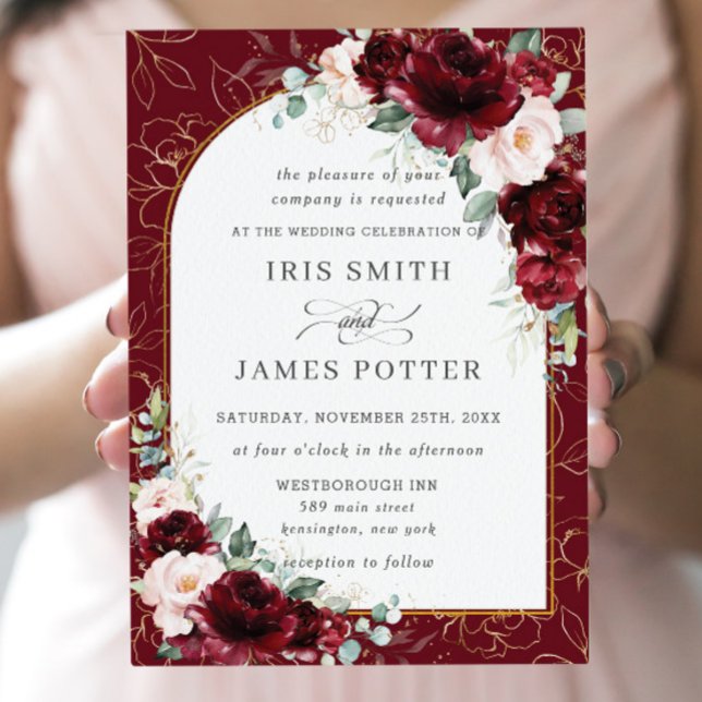 Invitation Burgundy Blush Floral Flowers Arch Mariage or (Créateur téléchargé)