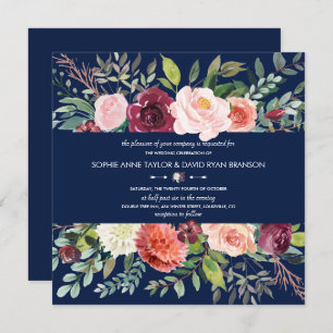 Invitation Burgundy Blush Floral Frame Bleu foncé Mariage