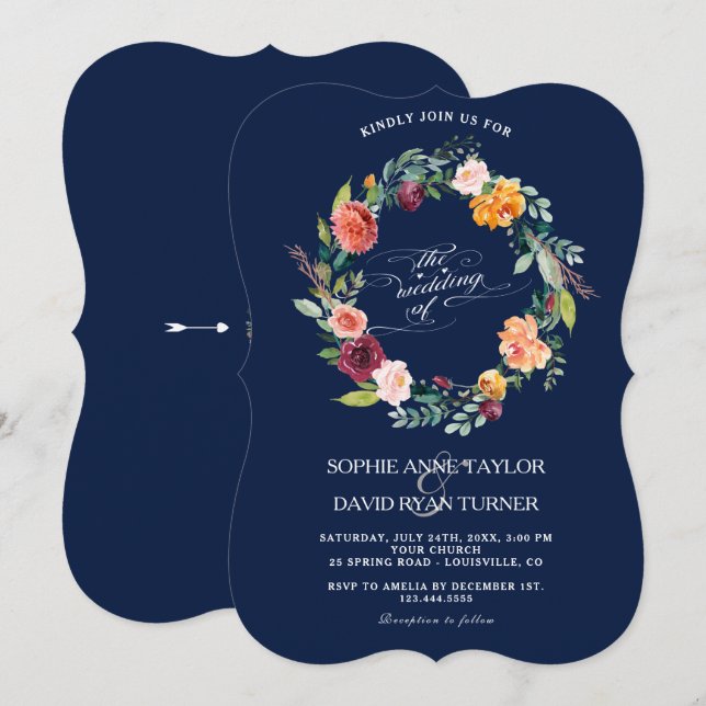 Invitation Burgundy Blush Floral Frame Bleu foncé Mariage (Devant / Derrière)