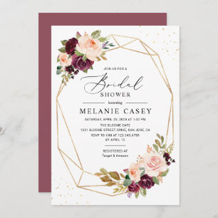 Invitation Burgundy Blush Floral Gold Fête des mariées géomét