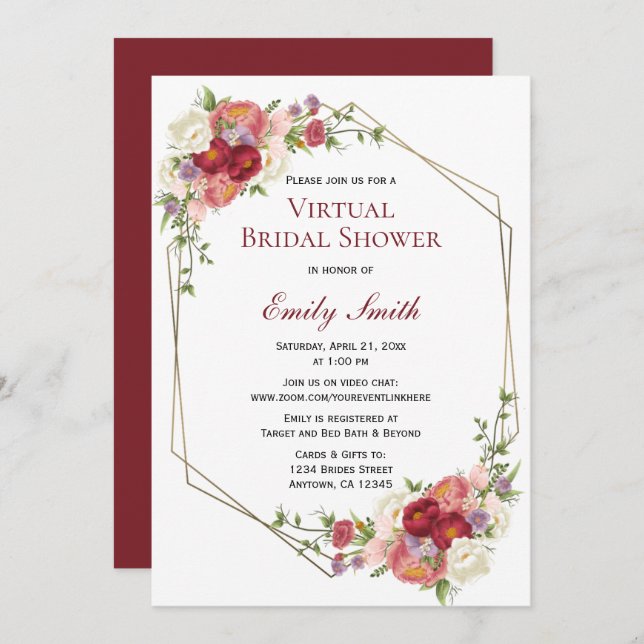 Invitation Burgundy Blush Floral Gold | Fête des mariées virt (Devant / Derrière)