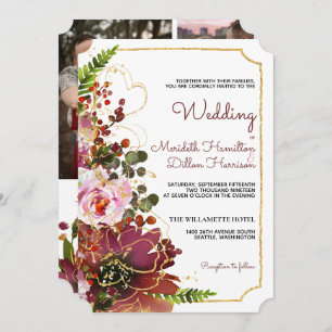Invitation Burgundy Blush Floral Gold Mariage moderne