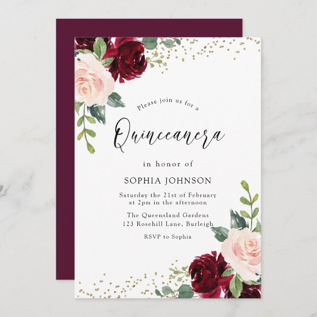 Invitation Burgundy Blush Floral Gold Parties scintillant Qui (Devant / Derrière)