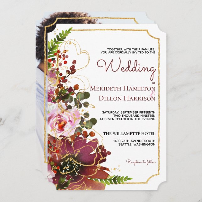 Invitation Burgundy Blush Floral Gold Photo Boho Mariage (Devant / Derrière)