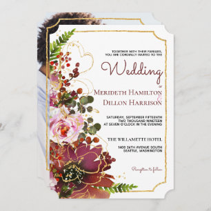 Invitation Burgundy Blush Floral Gold Photo Boho Mariage