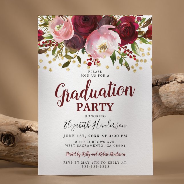 Invitation Burgundy Blush Floral Graduation Party (Créateur téléchargé)