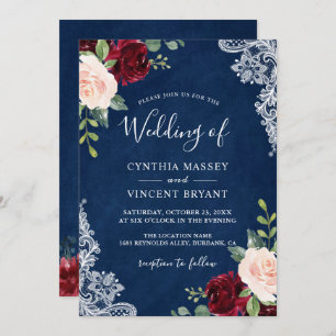 Invitation Burgundy Blush Floral Lace Marine Mariage bleu