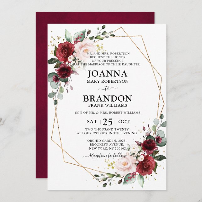 Invitation Burgundy Blush Floral Mariage géométrique (Devant / Derrière)