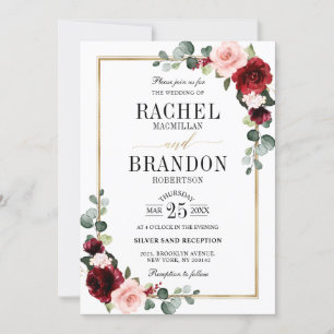 Invitation Burgundy Blush Floral moderne Mariage géométrique