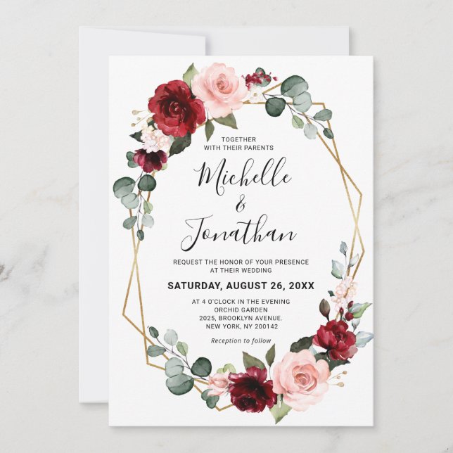 Invitation Burgundy Blush Floral moderne Mariage géométrique (Devant)