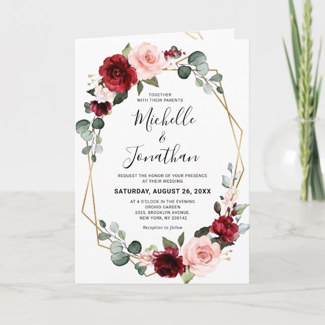 Invitation Burgundy Blush Floral moderne Mariage géométrique (Devant)