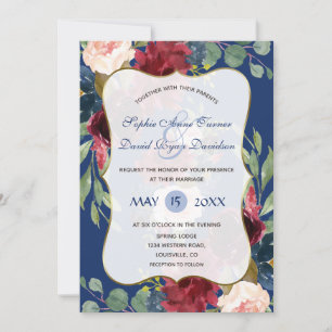 Invitation Burgundy Blush Floral Navy Blue Gold Mariage