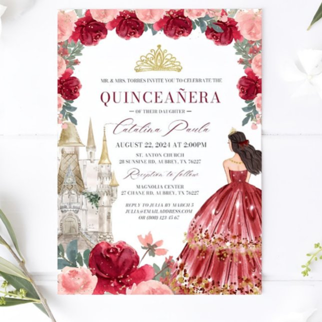 Invitation Burgundy Blush Floral Quinceanera Invitatiatiatiat (Créateur téléchargé)