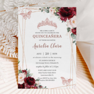 Invitation Burgundy Blush Floral Rose Gold Tiara Quinceañera