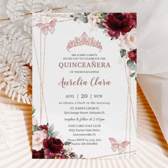 Invitation Burgundy Blush Floral Rose Gold Tiara Quinceañera (Créateur téléchargé)
