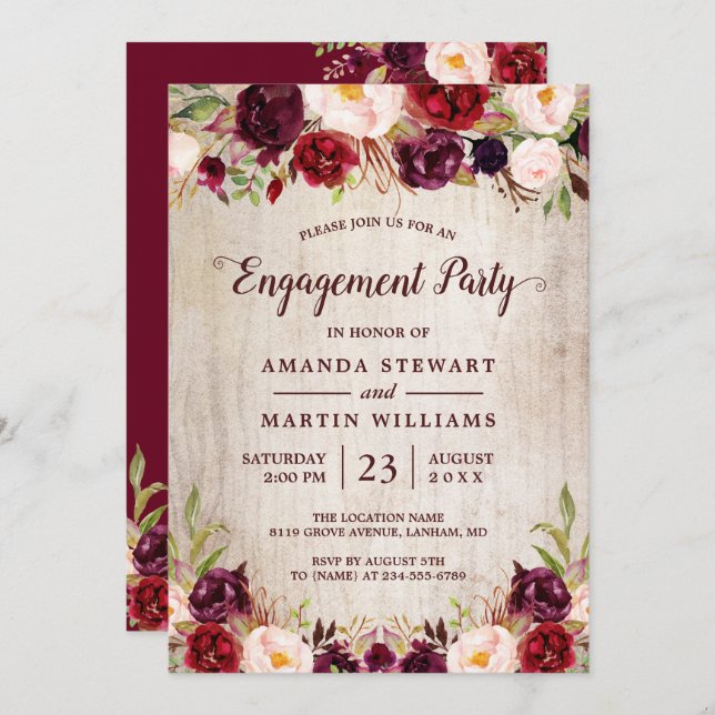Invitation Burgundy Blush Floral Rustic Wood (Devant / Derrière)