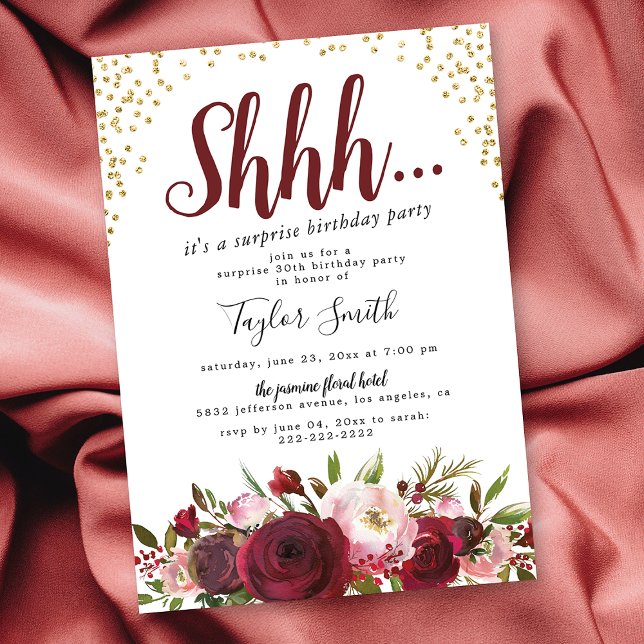 Invitation Burgundy Blush Floral Surprise Birthday Party (Créateur téléchargé)
