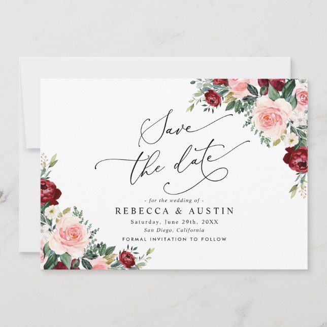 Invitation Burgundy Blush Floral Wedding Enregistrer la date (Devant)