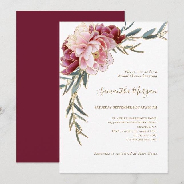 Invitation Burgundy Blush Gold Floral Fête des mariées de ver (Devant / Derrière)