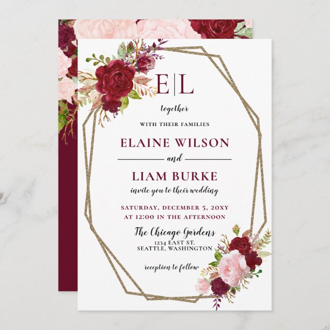 Invitation Burgundy Blush Gold Floral Mariage (Devant / Derrière)