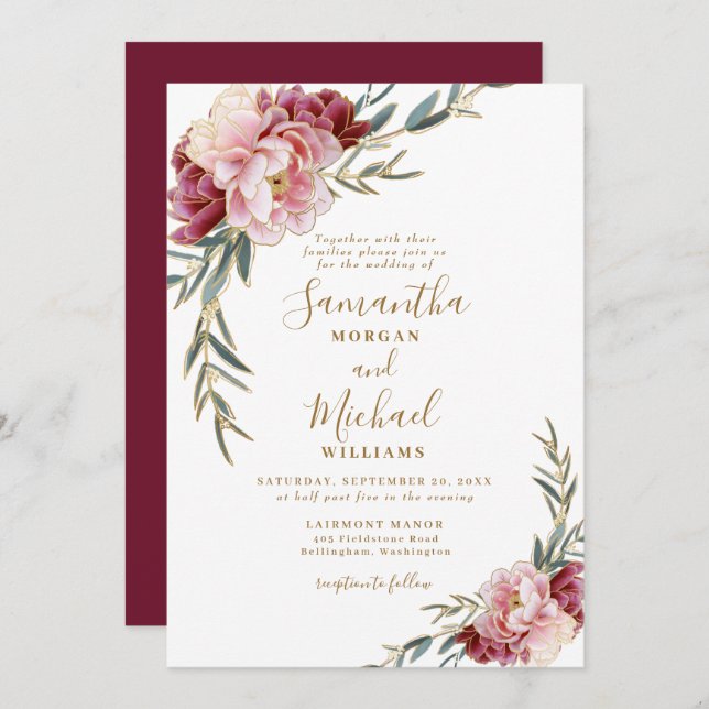 Invitation Burgundy Blush Gold Floral Mariage (Devant / Derrière)