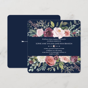 Invitation Burgundy Blush Ivory Floral Navy Mariage bleu