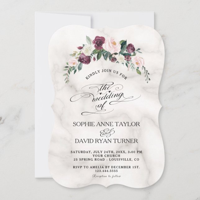 Invitation Burgundy Blush Ivory Florom Marbre Mariage (Devant)