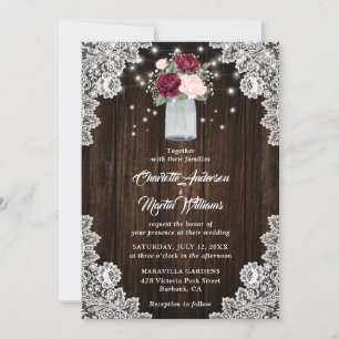 Invitation Burgundy Blush Mason Jar Lace Mariage Floral