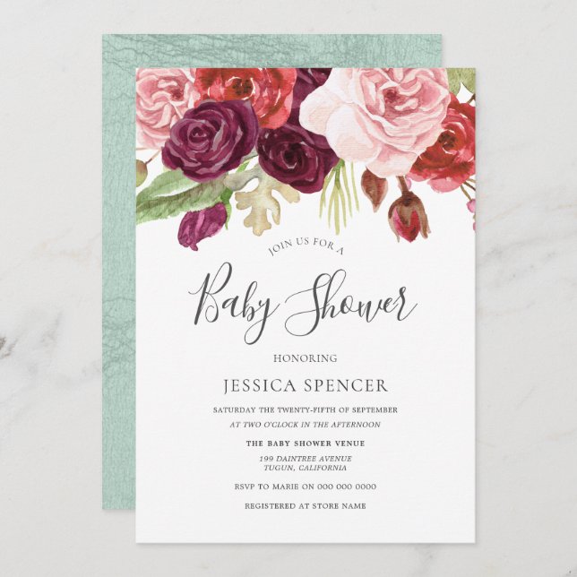 Invitation Burgundy Blush & Mint Floral Baby shower Invitatio (Devant / Derrière)
