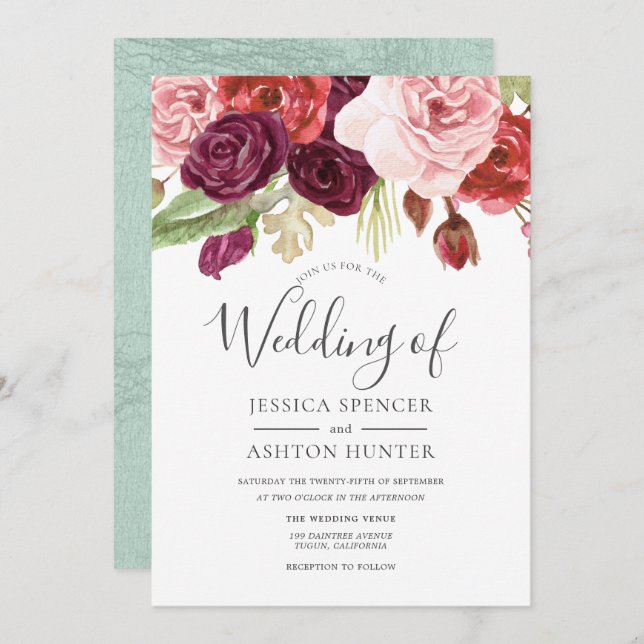 Invitation Burgundy Blush Mint tendance All Seasons Mariage (Devant / Derrière)
