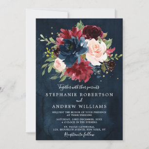 Invitation Burgundy Blush Navy Bleu Botanique Floral Mariage