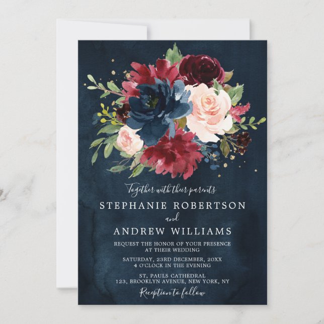 Invitation Burgundy Blush Navy Bleu Botanique Floral Mariage (Devant)