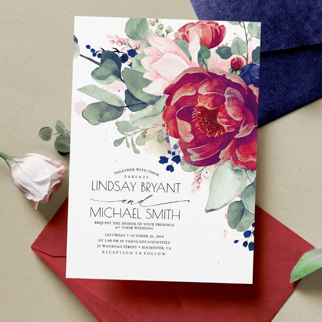 Invitation Burgundy Blush Navy Bleu Floral Élégant Mariage (Burgundy Red and Navy Blue Floral Wedding Invitations)