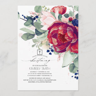 Invitation Burgundy Blush Navy Blue Floral Christening
