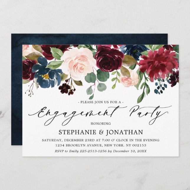 Invitation Burgundy Blush Navy Blue Floral Engagement Party (Devant / Derrière)
