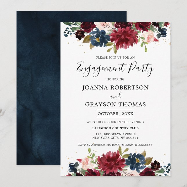 Invitation Burgundy Blush Navy Blue Floral Engagement Party (Devant / Derrière)