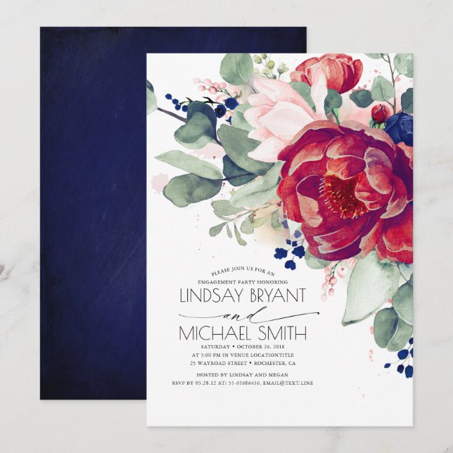 Invitation Burgundy Blush Navy Blue Floral Engagement Party (Devant / Derrière)