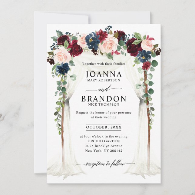 Invitation Burgundy Blush Navy Floral Arch Canopy Mariage (Devant)