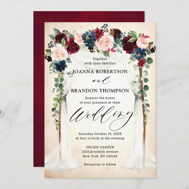 Invitation Burgundy Blush Navy Floral Arch Canopy Mariage (Devant / Derrière)