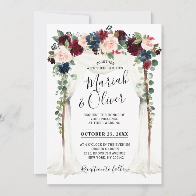 Invitation Burgundy Blush Navy Floral Arch Canopy Mariage (Devant)