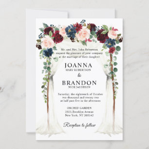 Invitation Burgundy Blush Navy Floral Arch Canopy Mariage