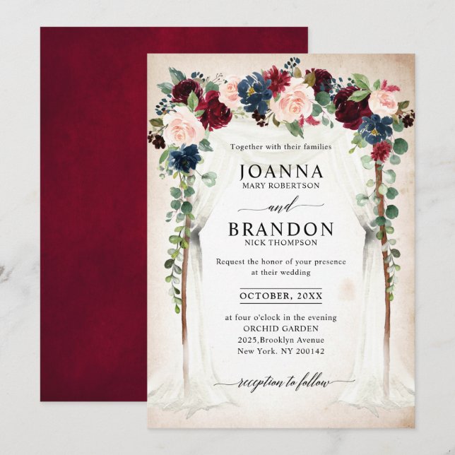 Invitation Burgundy Blush Navy Floral Arch Canopy Mariage (Devant / Derrière)